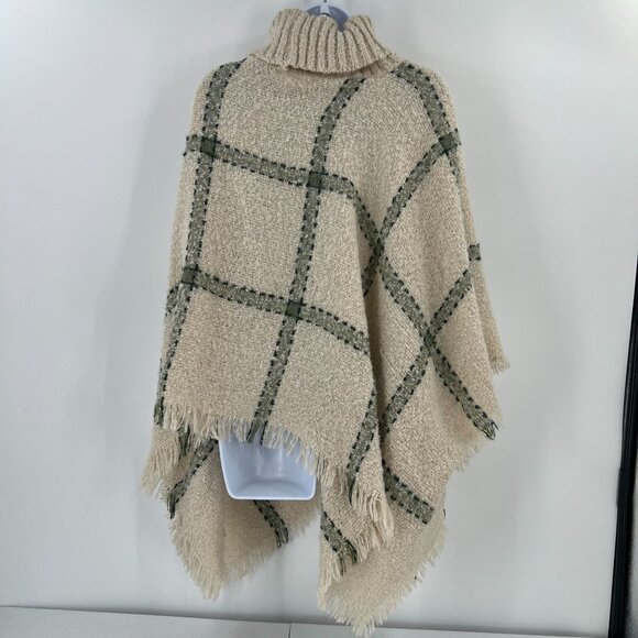 World Market OS Boucle Turtleneck Poncho Beige Sage Green Plaid Fringe Sweater - Picture 2 of 9